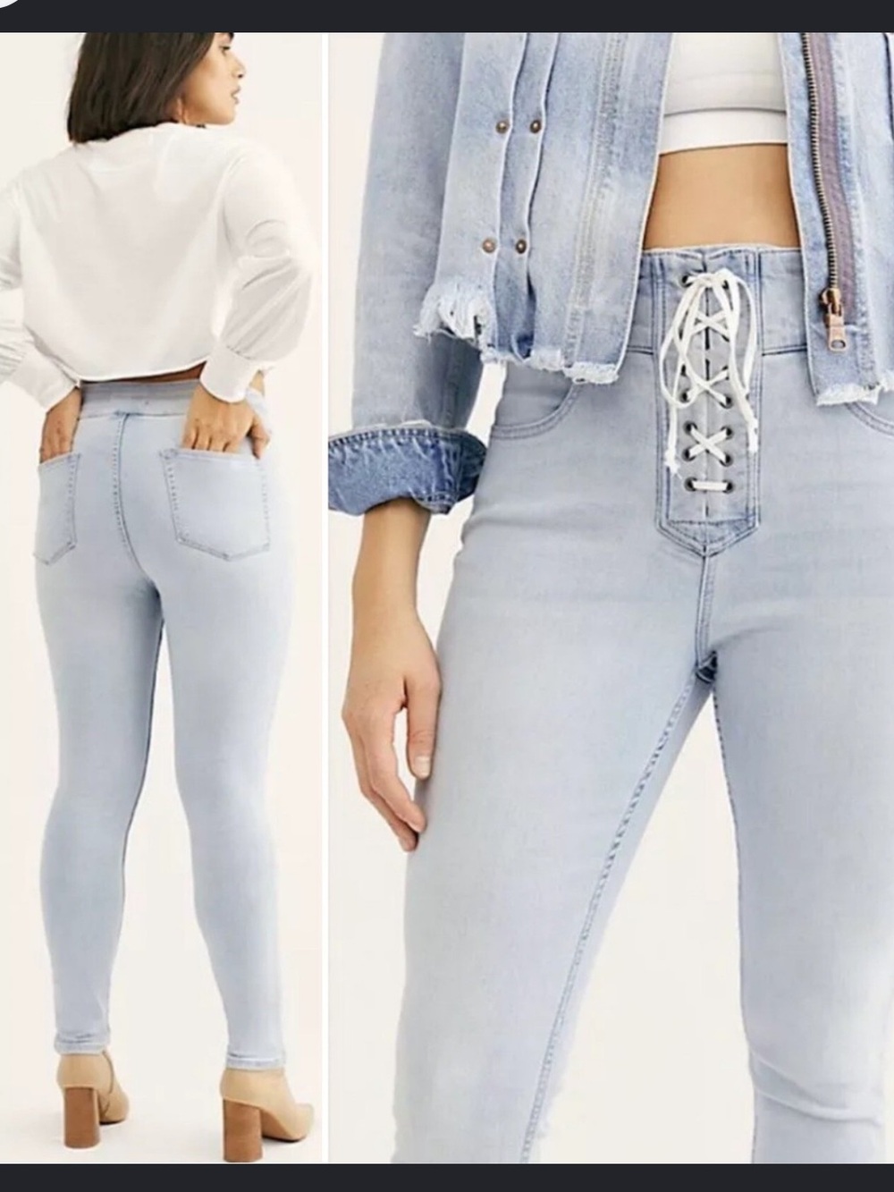 Free People Light Blue Lace-Up Skinny Jeans